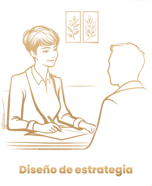 La imagen representa a la asesora sentada en una mesa con un cliente explicándole la estrategia que ha desarrollado para la venta o alquiler de su casa 